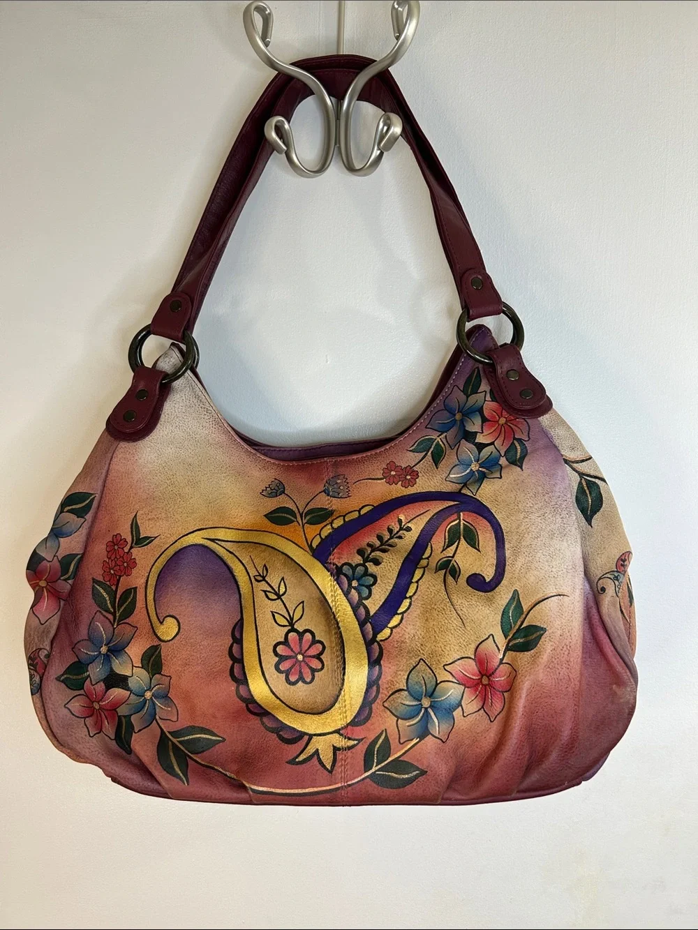 Anuschka Hand Painted Paisley Flower Leather Shoulder Satchel & Cosmetic Case
